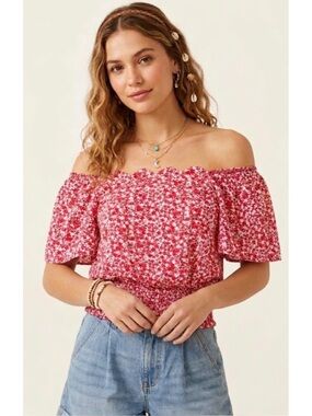 Anthropologie Monteau Scalloped Off The Shoulder Floral Top